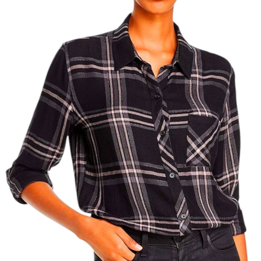 Rails Hunter Onyx Blush Slate Plaid Rayon Metallic Relaxed Fit Button Down Shirt